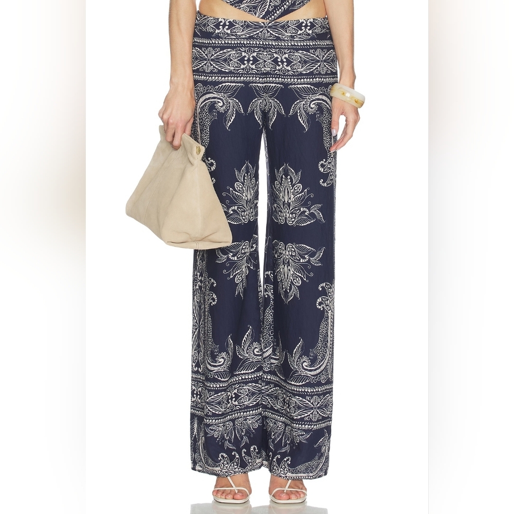 NWT Amanda Uprichard 2026 Navy & White Arielle Paisley Print Boho Pants – Sz Med
